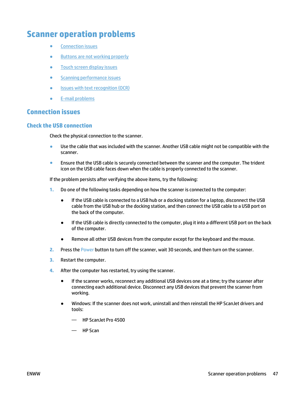 Scanner operation problems, Connection issues, Check the usb connection | HP ScanJet Pro 4500 fn1 User Manual | Page 55 / 64