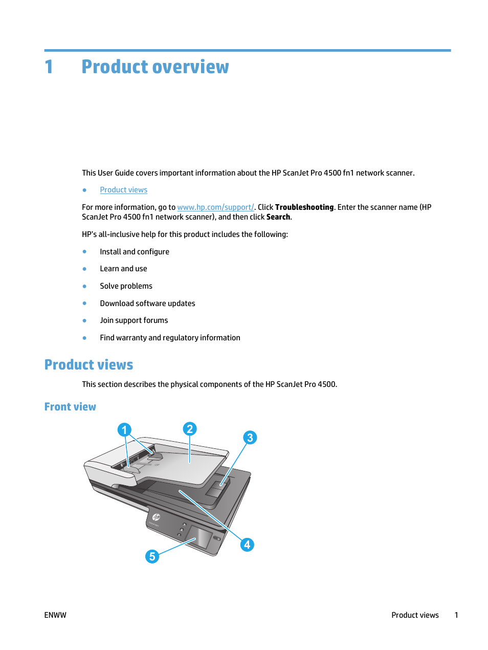 Product overview, Product views, Front view | 1 product overview, 1product overview | HP ScanJet Pro 4500 fn1 User Manual | Page 9 / 64