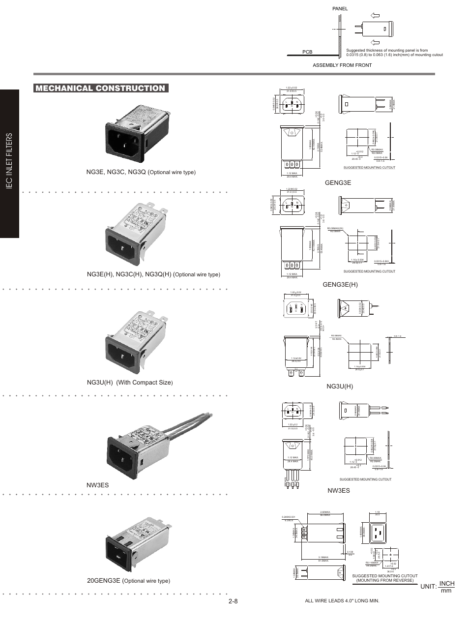 Mechanical construction, Ie c in le t fi lt e r s, 8 ng3e, ng3c, ng3q | Unit: inch mm, 20geng3e, Nw3es, Geng3e geng3e(h), Ng3u(h), Ng3e(h), ng3c(h), ng3q(h), Ng3u(h) (with compact size | Delta Electronics Network Device GEN User Manual | Page 2 / 2