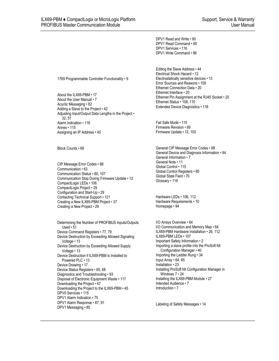 Index | ProSoft Technology ILX69-PBM User Manual | Page 123 / 124