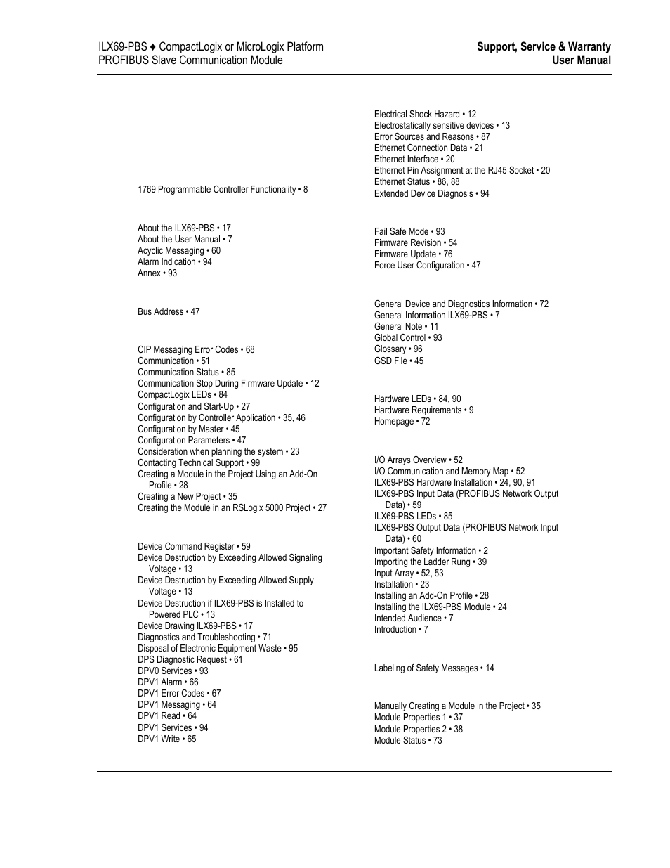 Index | ProSoft Technology ILX69-PBS User Manual | Page 101 / 102