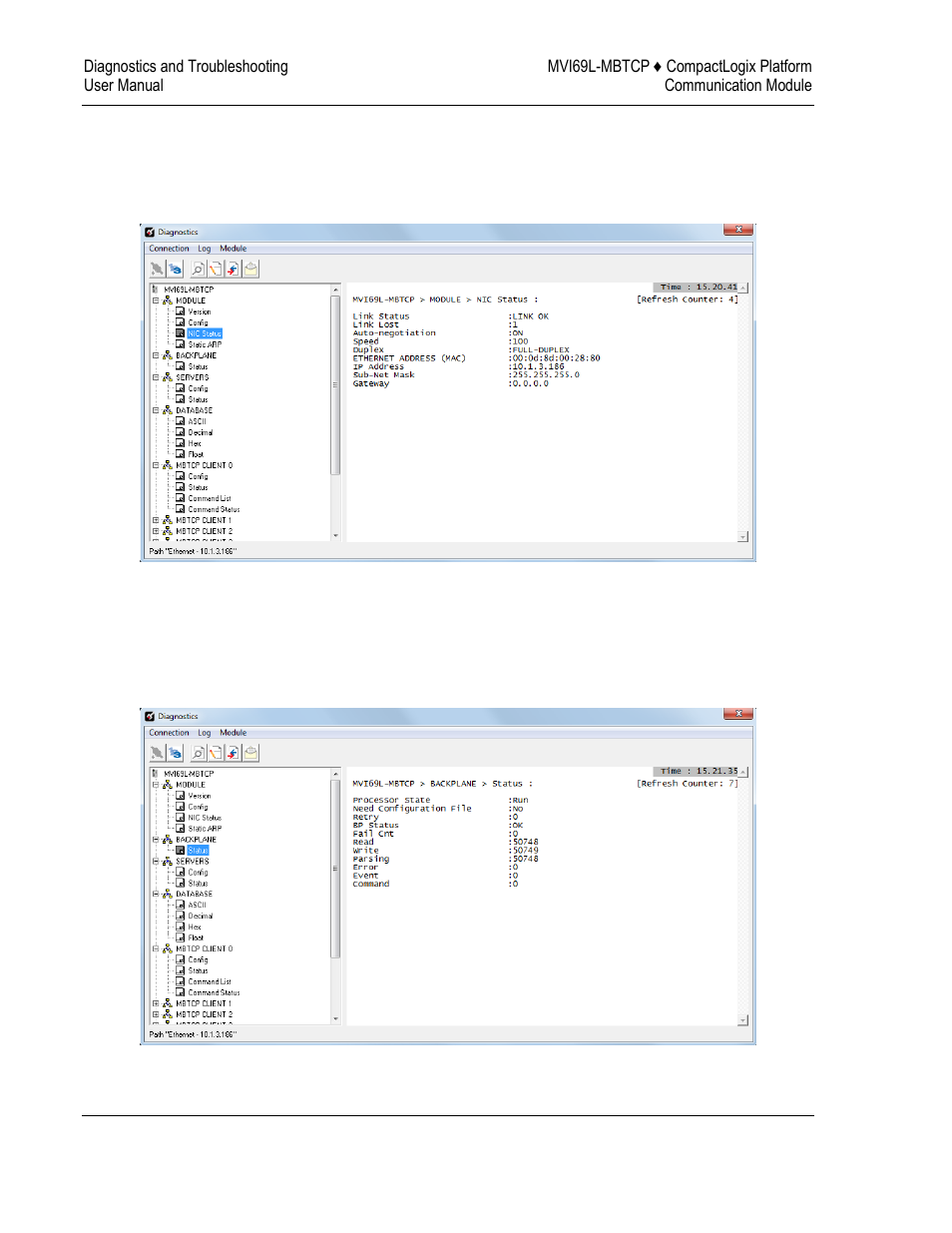 Monitoring network configuration information, Monitoring backplane status information | ProSoft Technology MVI69L-MBTCP User Manual | Page 100 / 152