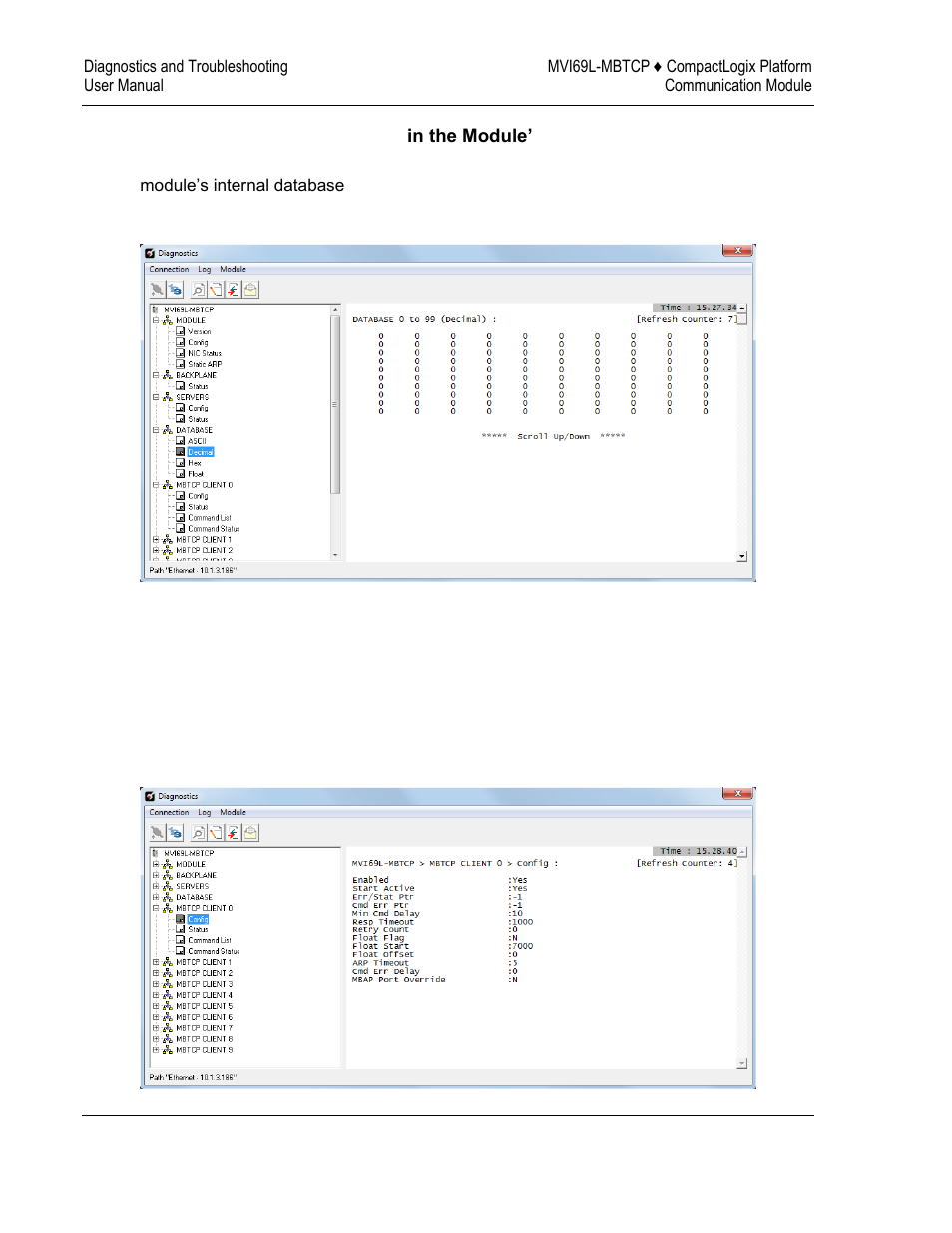 Monitoring data values in the module’s database, Modbus client driver information | ProSoft Technology MVI69L-MBTCP User Manual | Page 102 / 152