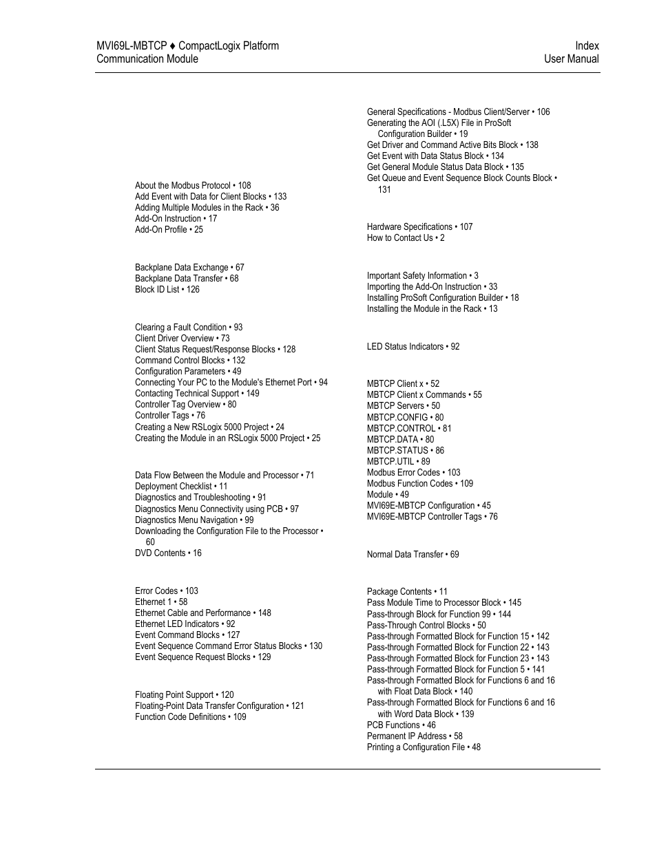 Index | ProSoft Technology MVI69L-MBTCP User Manual | Page 151 / 152