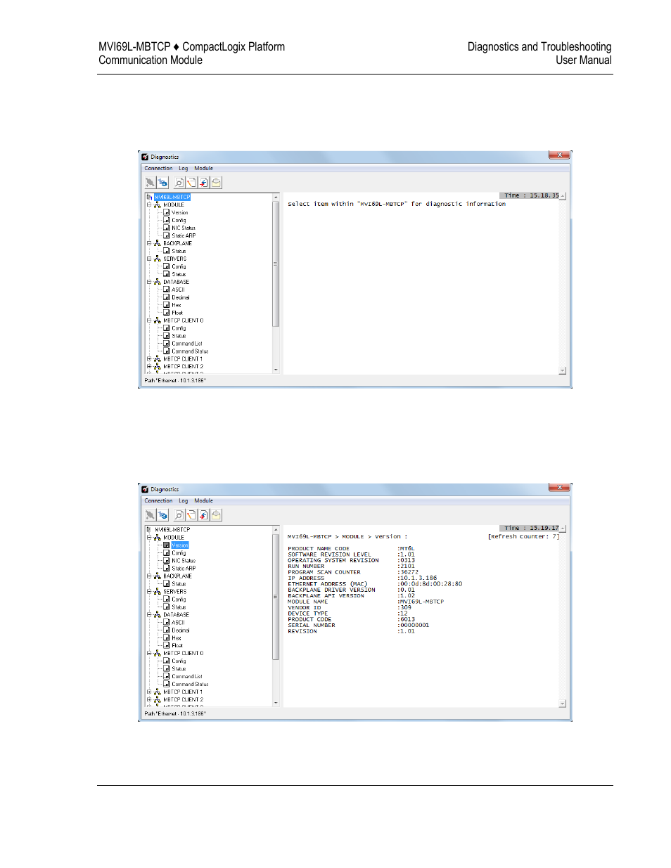 Diagnostics menu, Monitoring general information | ProSoft Technology MVI69L-MBTCP User Manual | Page 99 / 152
