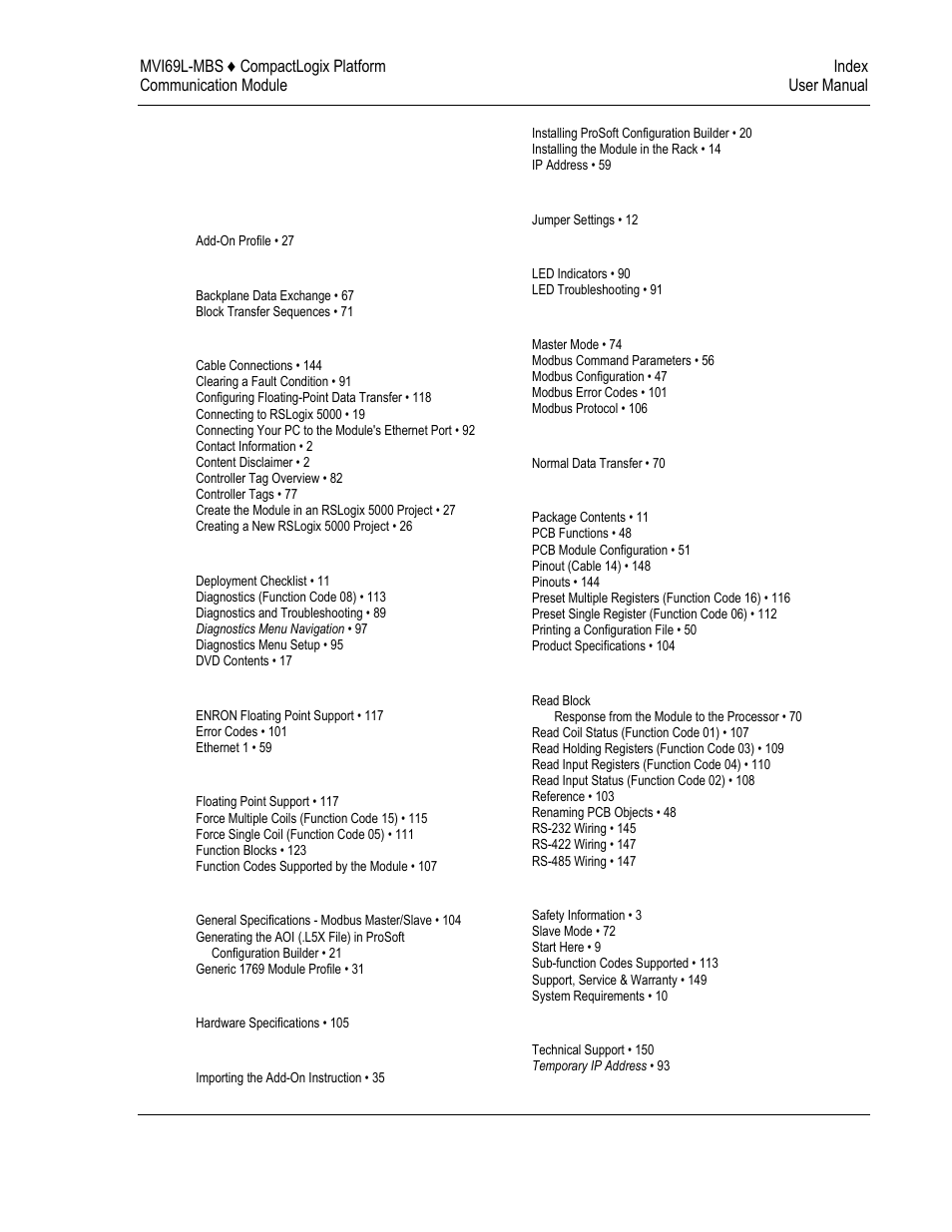 Index | ProSoft Technology MVI69L-MBS User Manual | Page 153 / 154
