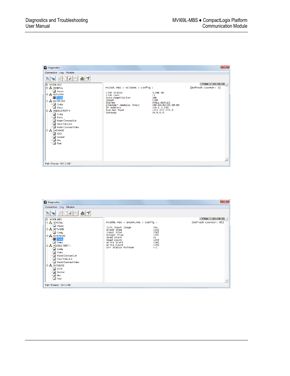 Monitoring network configuration information, Monitoring backplane information | ProSoft Technology MVI69L-MBS User Manual | Page 98 / 154