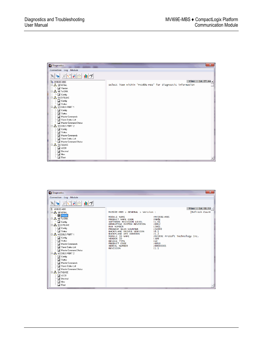Diagnostics menu, Monitoring general information | ProSoft Technology MVI69E-MBS User Manual | Page 104 / 162