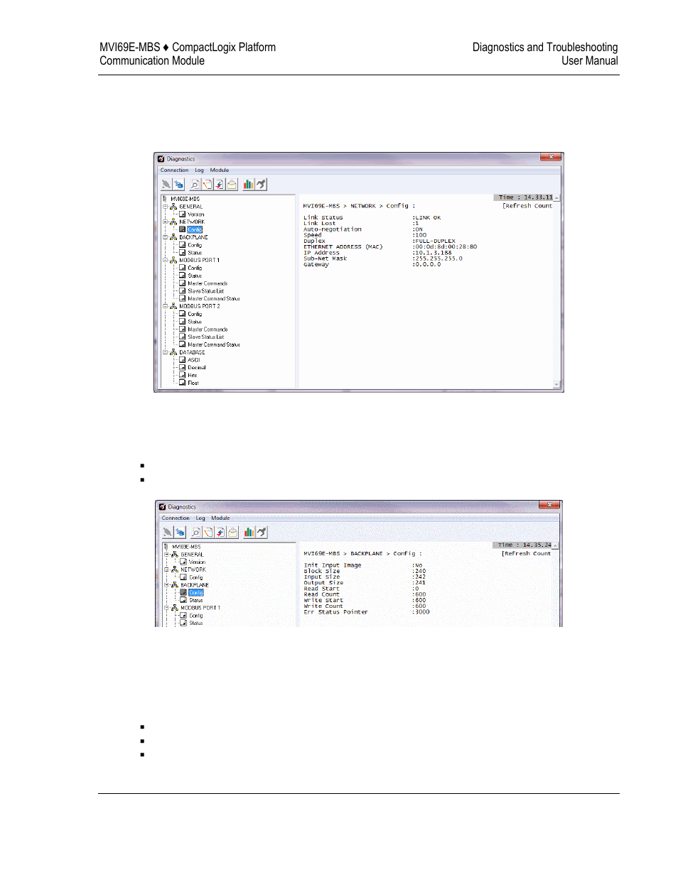 Monitoring network configuration information, Monitoring backplane information, Port x module information | ProSoft Technology MVI69E-MBS User Manual | Page 105 / 162