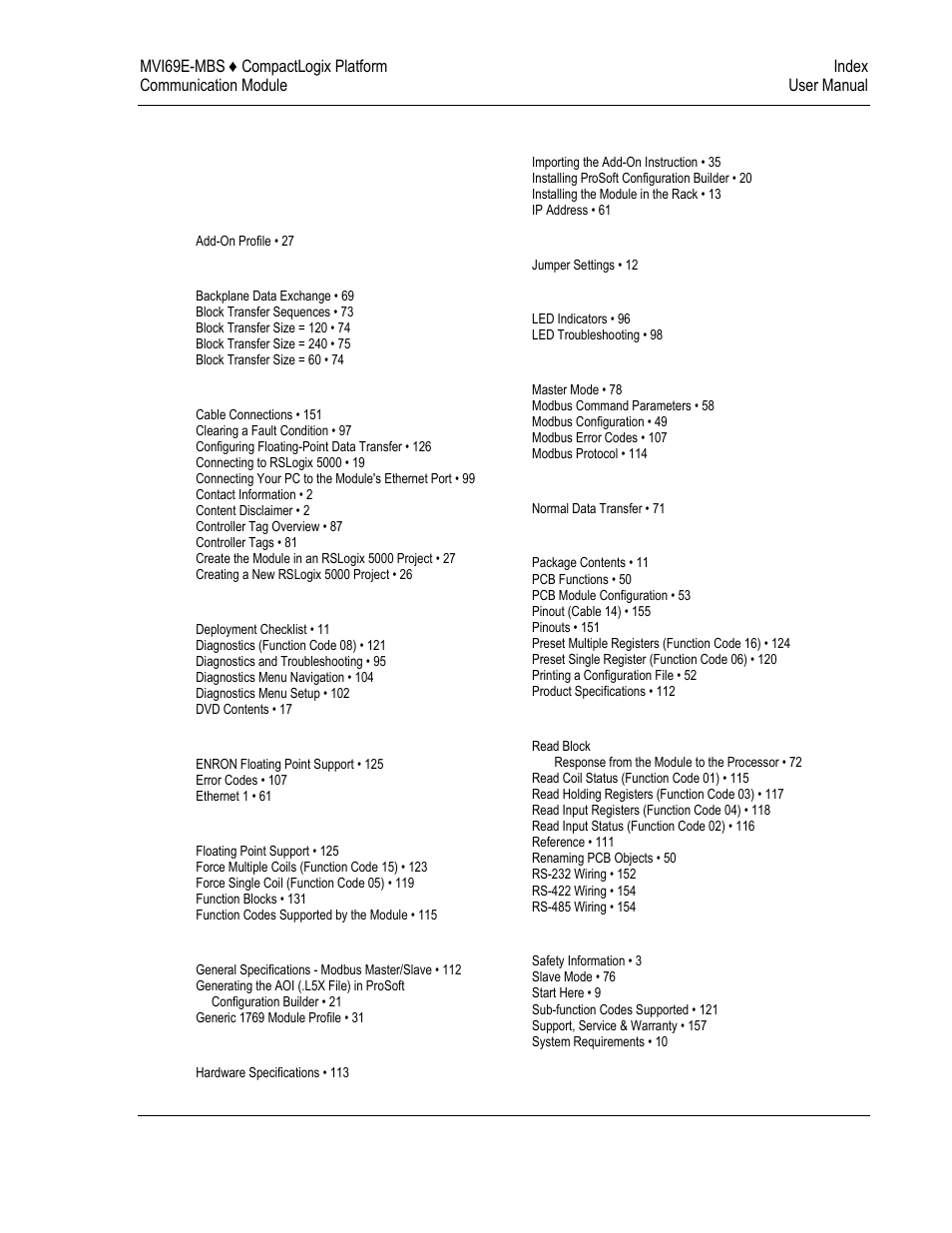 Index | ProSoft Technology MVI69E-MBS User Manual | Page 161 / 162