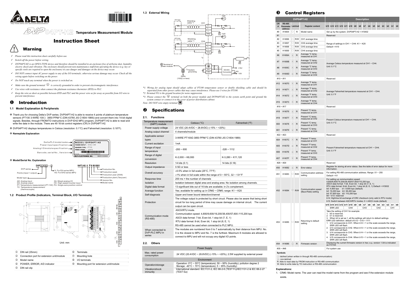 Delta Electronics Temperature Measurement Module DVP04PT-H2 User Manual | 2 pages