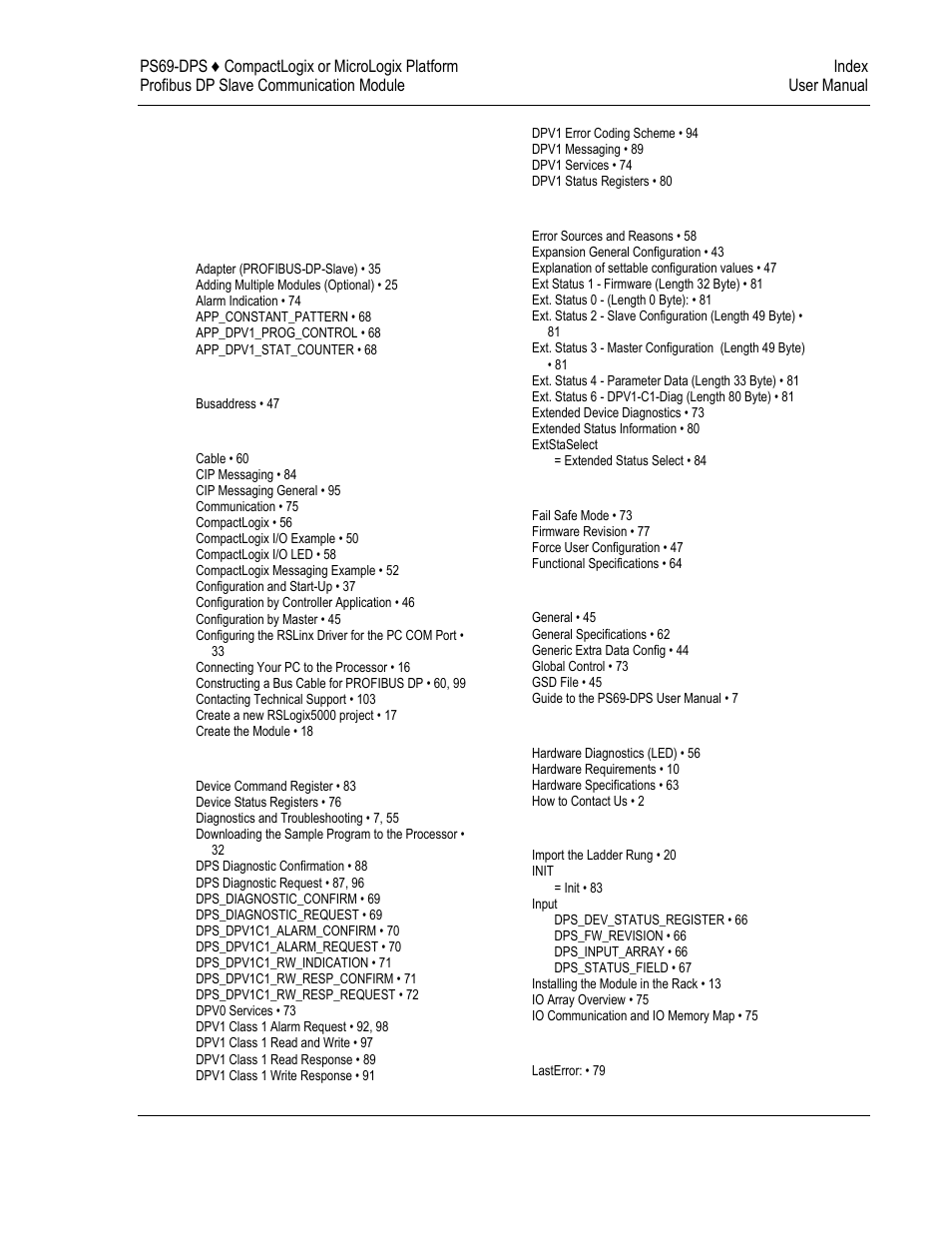 Index | ProSoft Technology PS69-DPS User Manual | Page 107 / 108