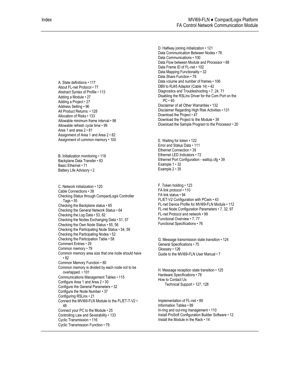 Index | ProSoft Technology MVI69-FLN User Manual | Page 135 / 137