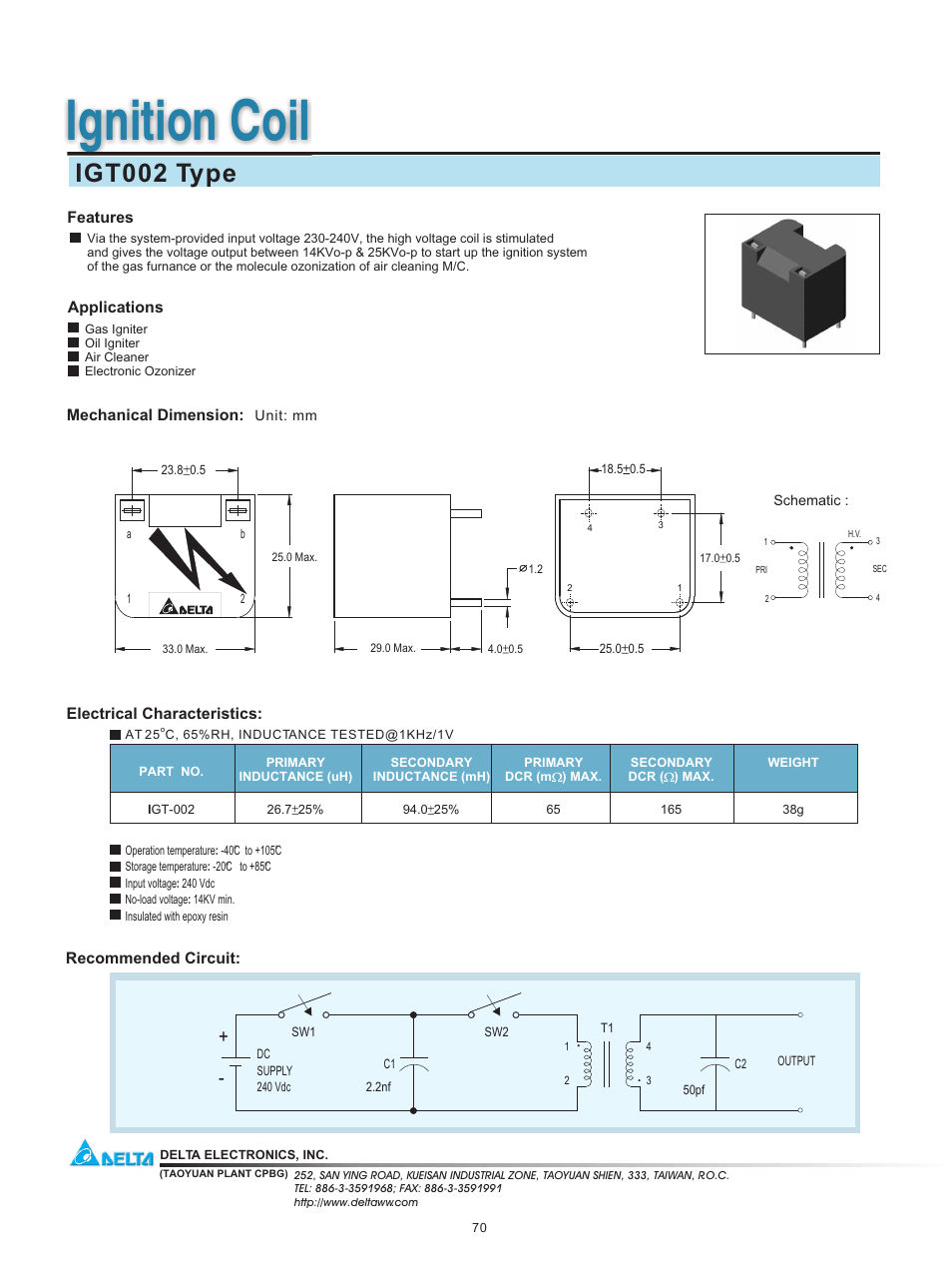 Delta Electronics Ignition Coil IGT002 User Manual | 1 page