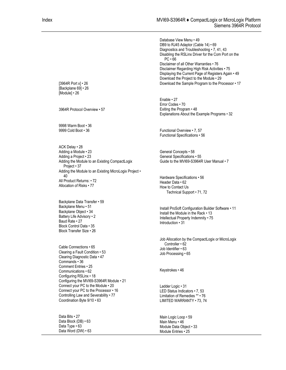 Index | ProSoft Technology MVI69-S3964R User Manual | Page 79 / 80