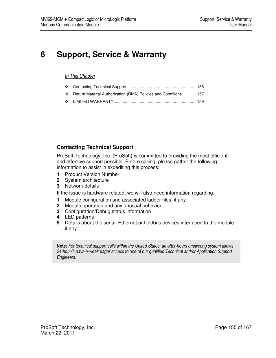 6support, service & warranty | ProSoft Technology MVI69-MCM User Manual | Page 155 / 167