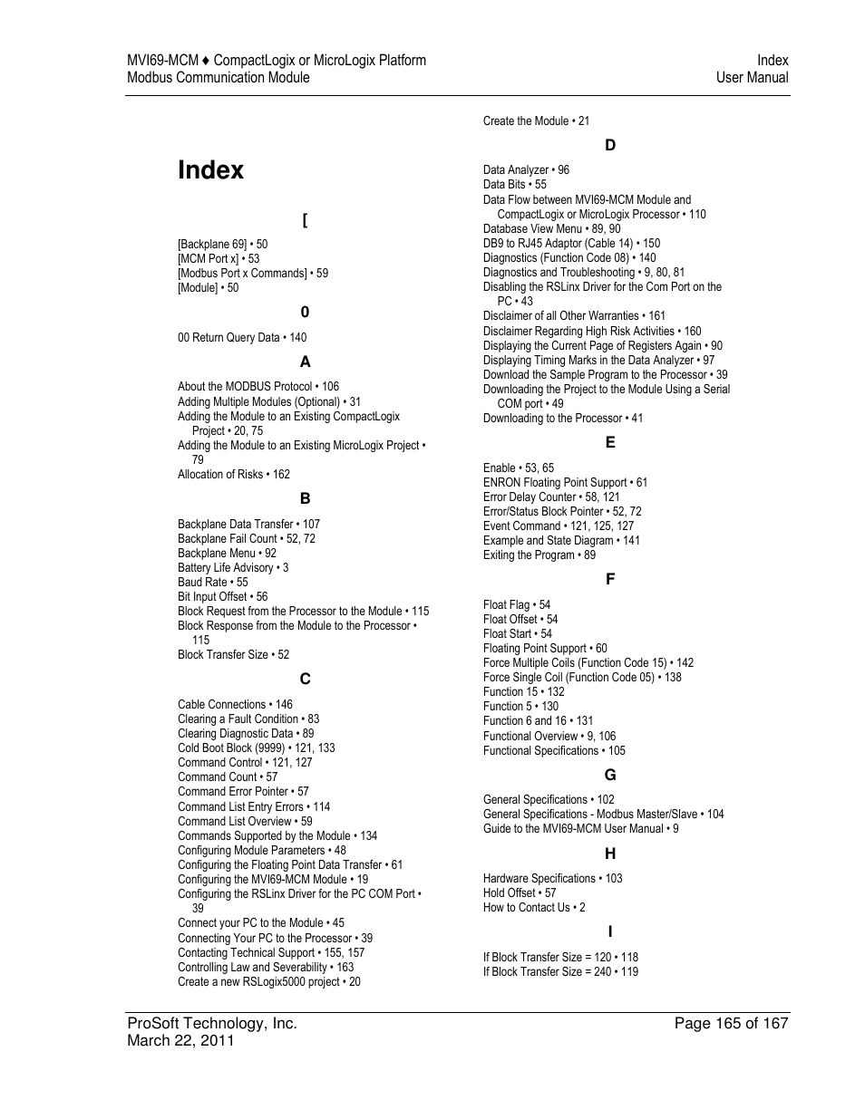 Index | ProSoft Technology MVI69-MCM User Manual | Page 165 / 167