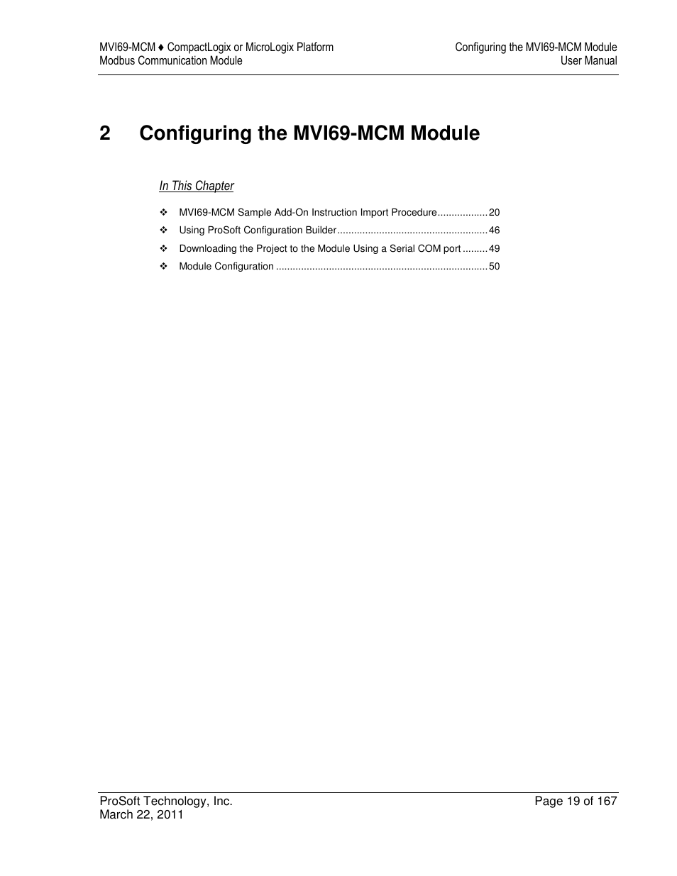 2configuring the mvi69-mcm module | ProSoft Technology MVI69-MCM User Manual | Page 19 / 167