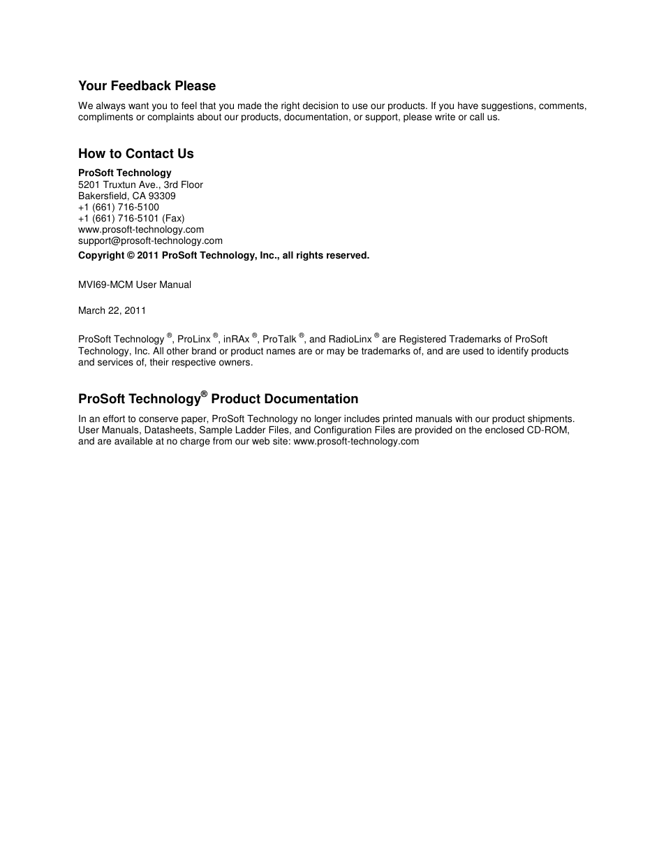 Your feedback please, How to contact us, Prosoft technology | Product documentation | ProSoft Technology MVI69-MCM User Manual | Page 2 / 167