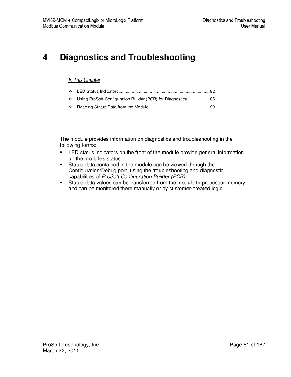 4diagnostics and troubleshooting | ProSoft Technology MVI69-MCM User Manual | Page 81 / 167