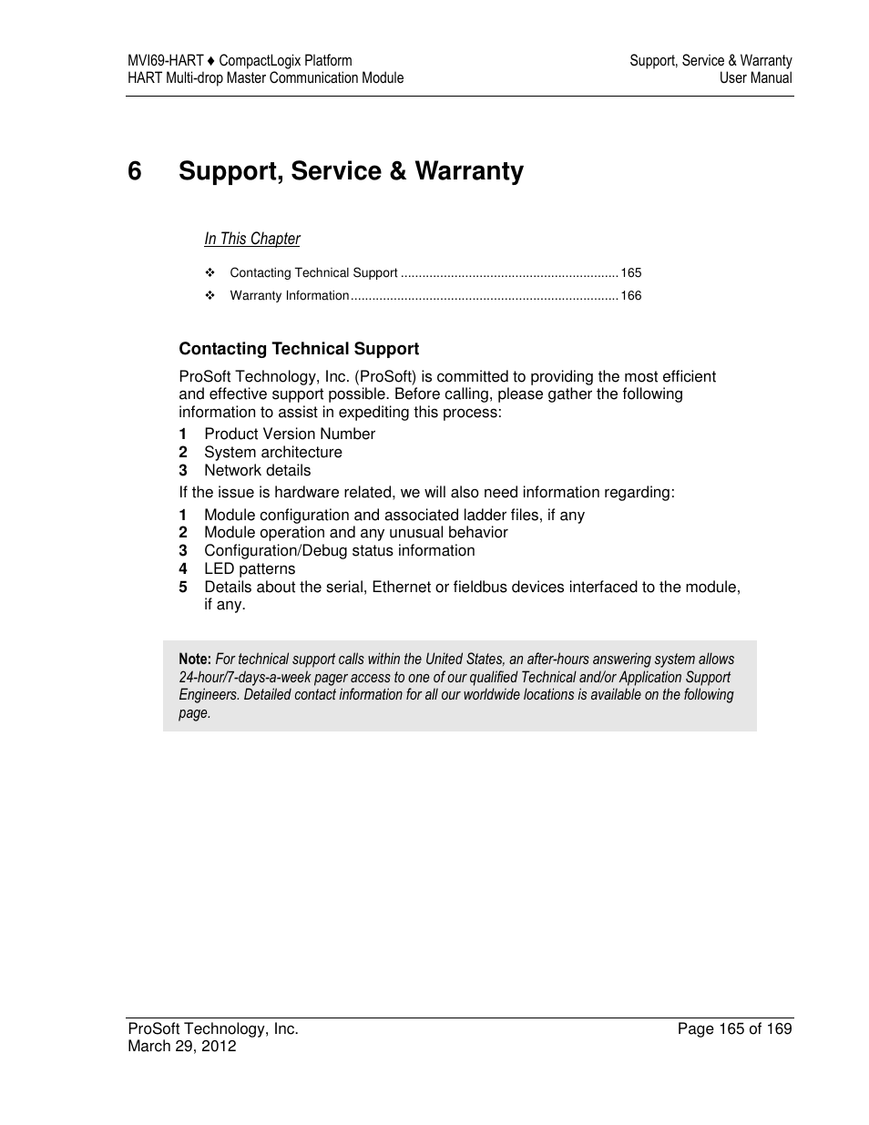 6support, service & warranty | ProSoft Technology MVI69-HART User Manual | Page 165 / 169
