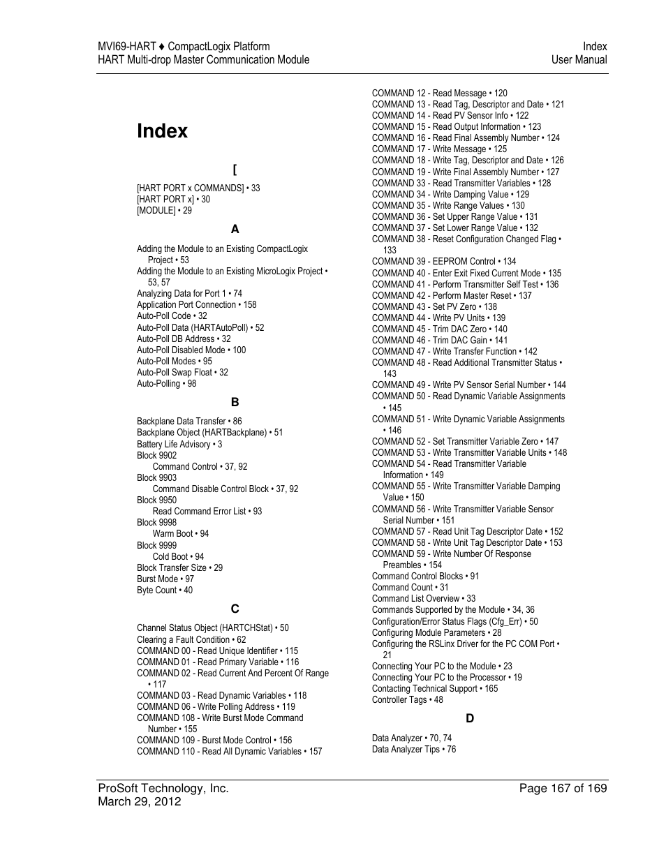 Index | ProSoft Technology MVI69-HART User Manual | Page 167 / 169