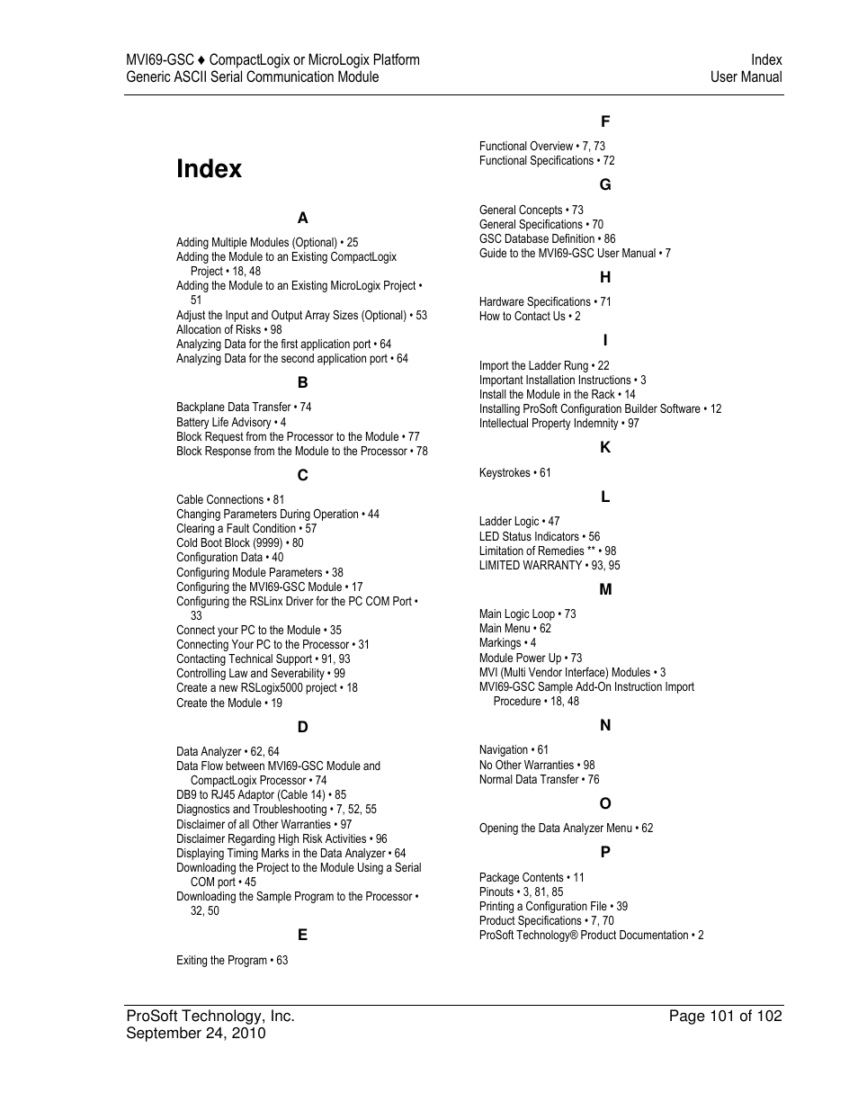 Index | ProSoft Technology MVI69-GSC User Manual | Page 101 / 102