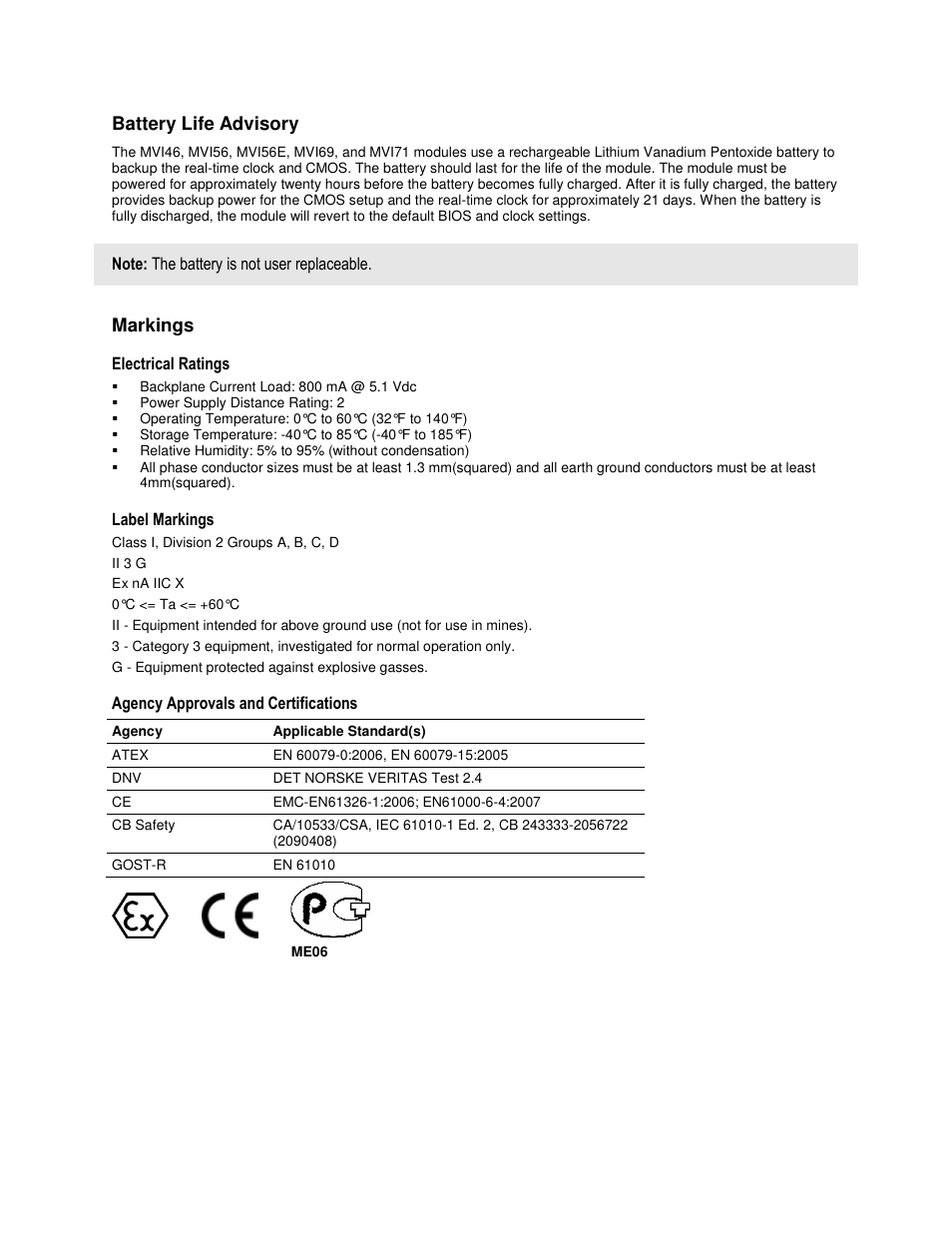 Battery life advisory, Markings | ProSoft Technology MVI69-GSC User Manual | Page 4 / 102