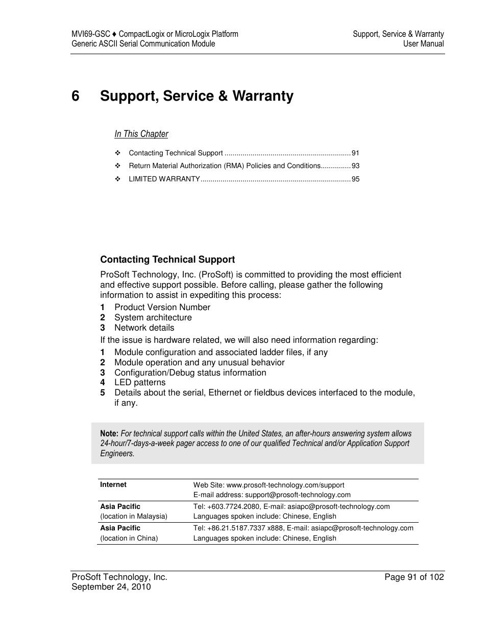 6support, service & warranty | ProSoft Technology MVI69-GSC User Manual | Page 91 / 102