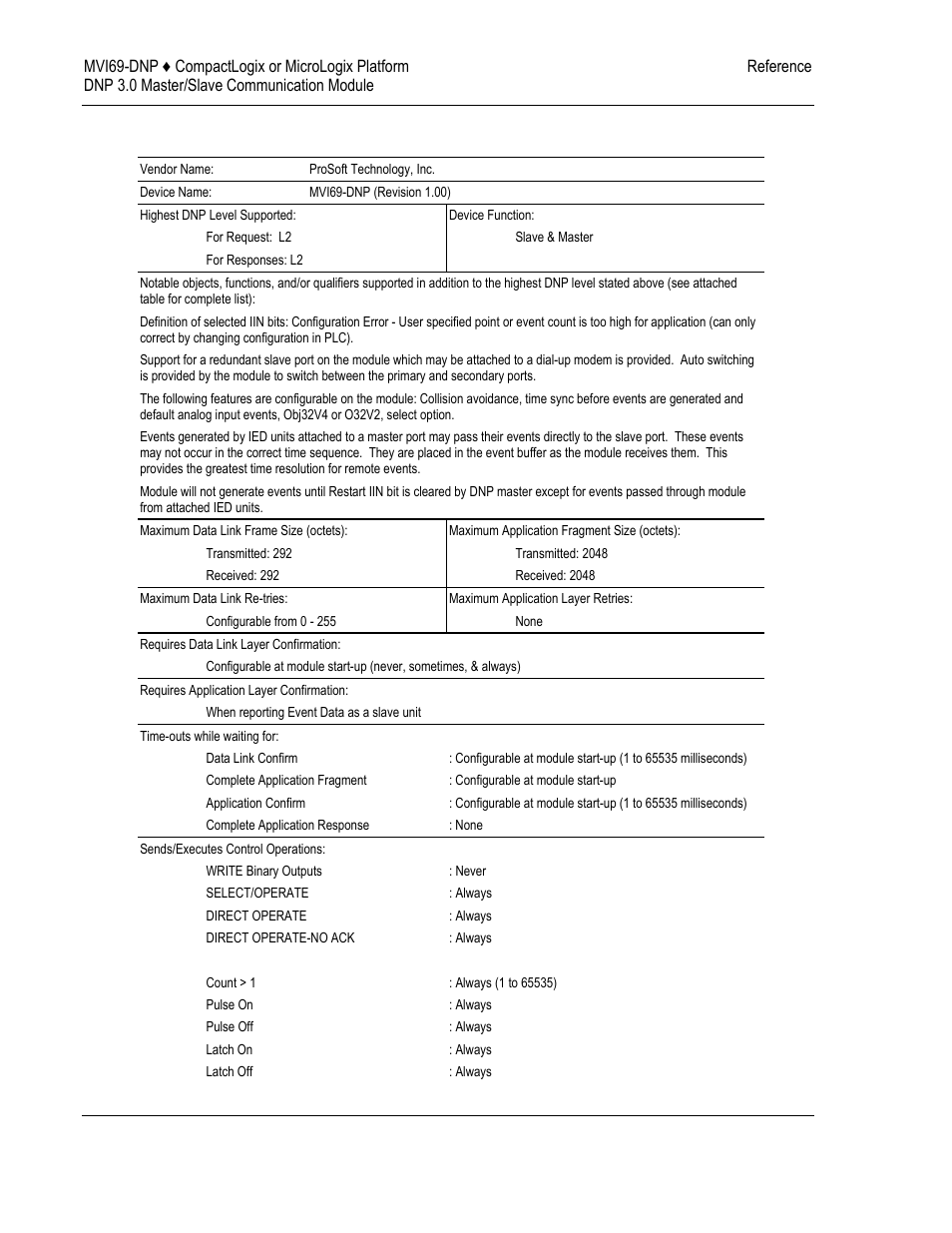 Dnp v3.00 device profile document, 6 dnp v3.00 device profile document | ProSoft Technology MVI69-DNP User Manual | Page 104 / 129