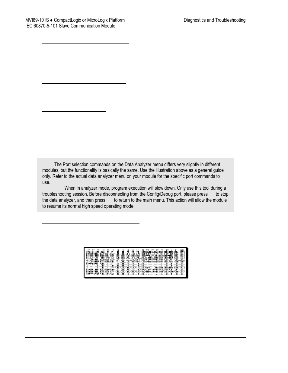 Viewing data in floating point format, Viewing data in ascii (text) format, Returning to the main menu | Data analyzer, Analyzing data for the first application port, Analyzing data for the second application port | ProSoft Technology MVI69-101S User Manual | Page 66 / 149