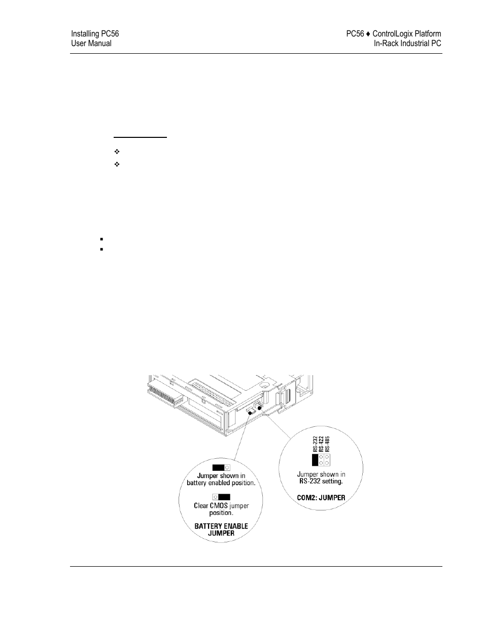 Installing pc56, Setting jumpers, Battery enable/ cmos clear | 3 installing pc56 | ProSoft Technology PC56-OPC User Manual | Page 15 / 34