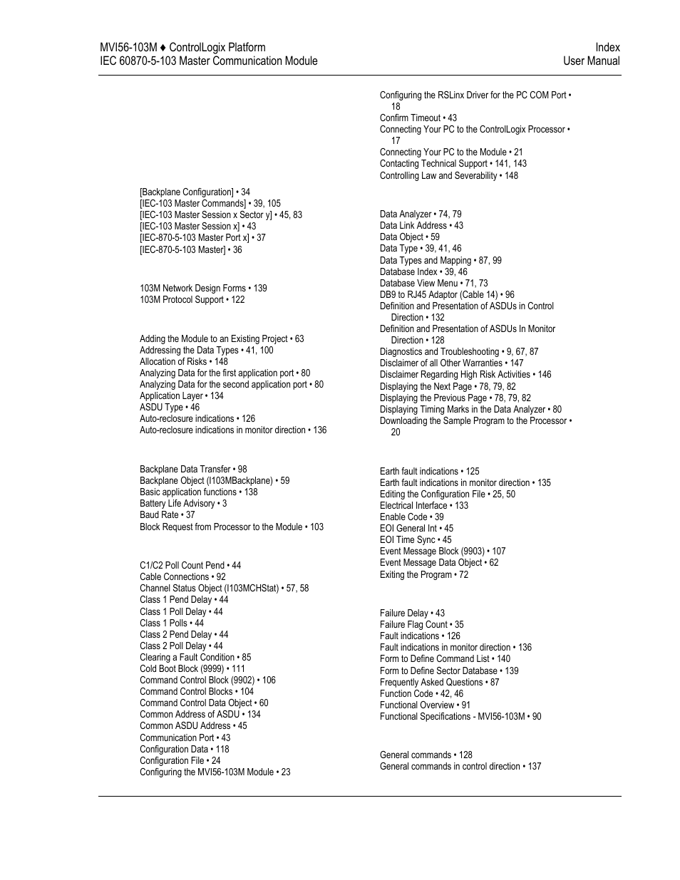 Index | ProSoft Technology MVI56-103M User Manual | Page 149 / 152