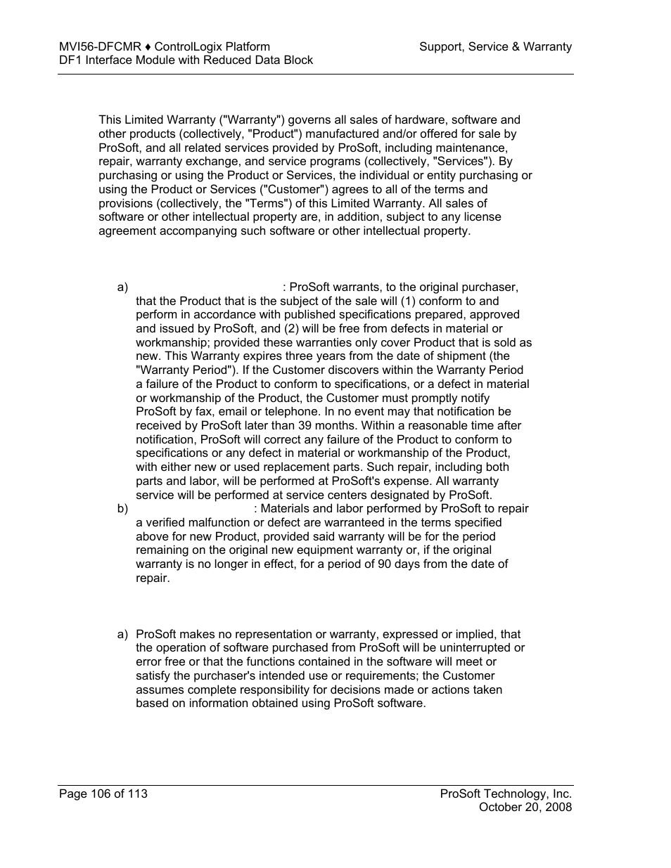 Limited warranty, Limited, Warranty | ProSoft Technology MVI56-DFCMR User Manual | Page 106 / 113