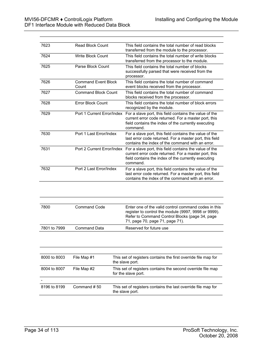 7 command control, 8 port 1 override file maps | ProSoft Technology MVI56-DFCMR User Manual | Page 34 / 113