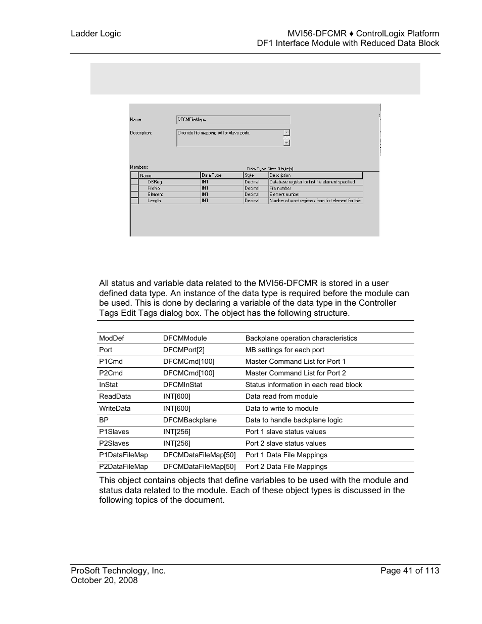 Module data object (dfcmmoduledef) | ProSoft Technology MVI56-DFCMR User Manual | Page 41 / 113