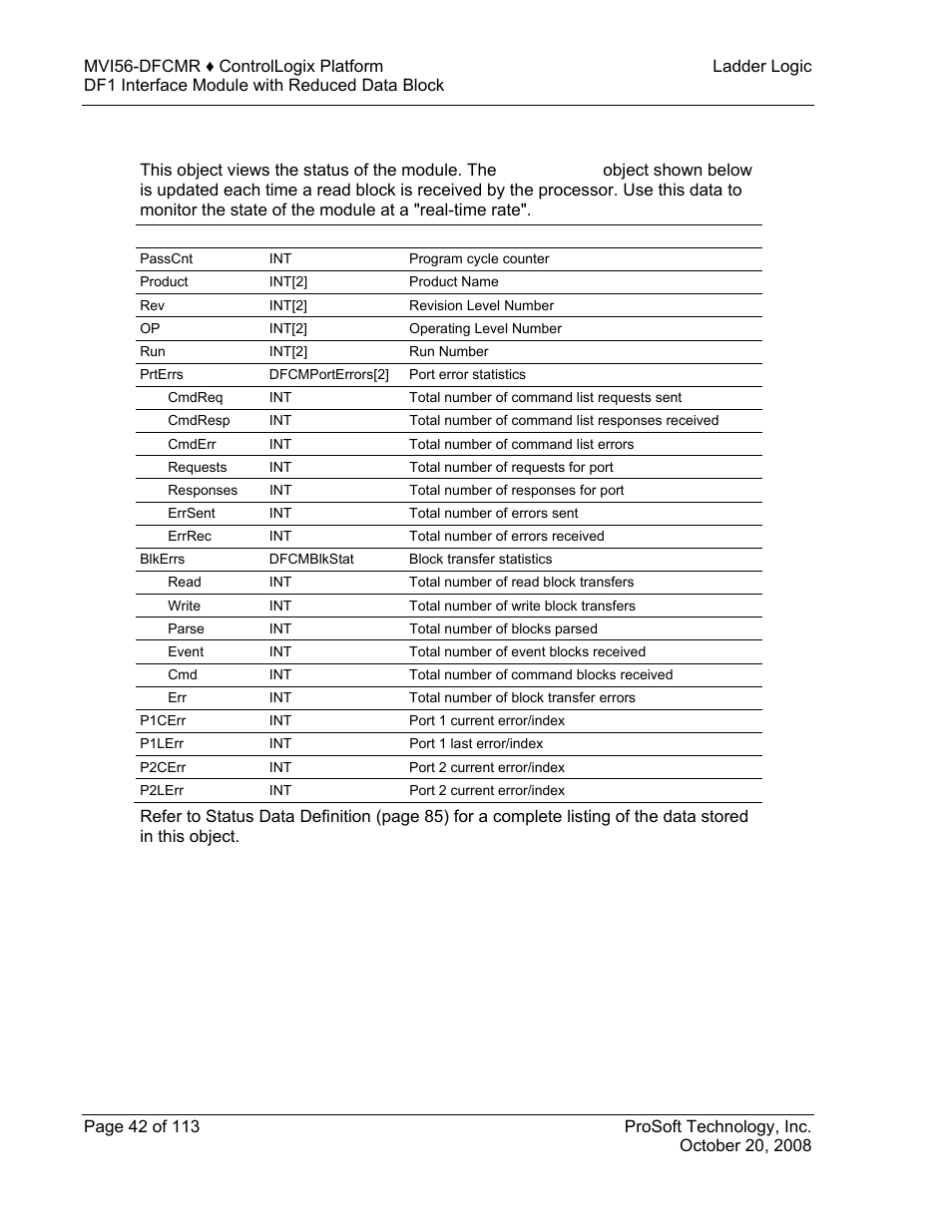 Status object (dfcminstat), Status, Object | Dfcminstat), 3 status object (dfcminstat) | ProSoft Technology MVI56-DFCMR User Manual | Page 42 / 113