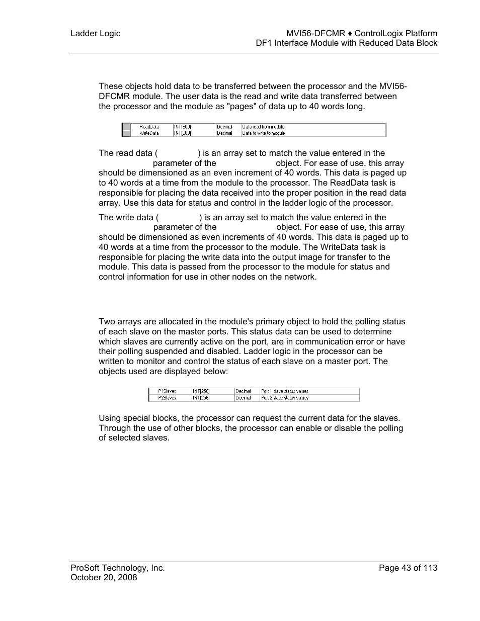 User data objects, Slave polling control and status, User | Data, Objects | ProSoft Technology MVI56-DFCMR User Manual | Page 43 / 113