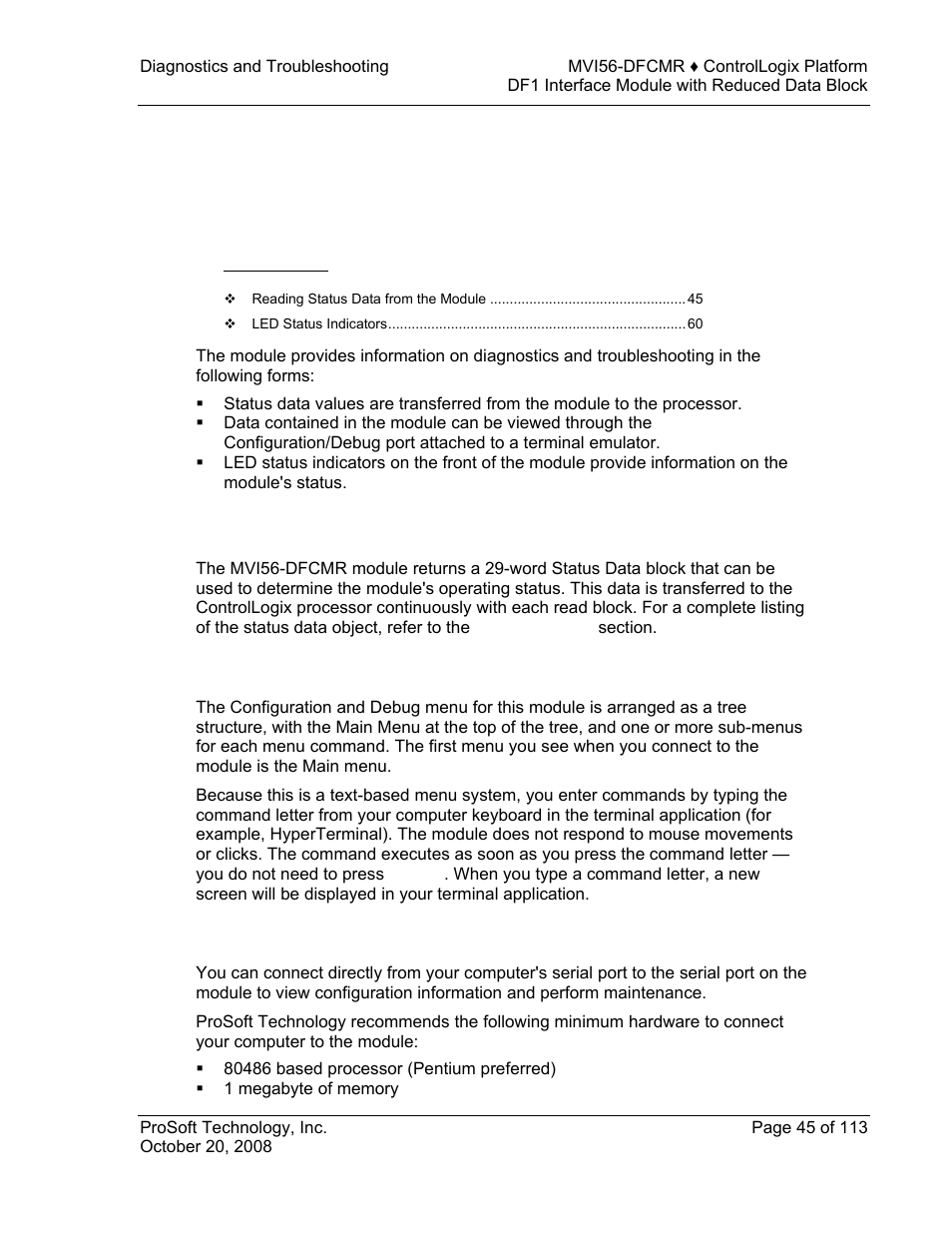 Diagnostics and troubleshooting, Reading status data from the module, E 45) | 4 diagnostics and troubleshooting | ProSoft Technology MVI56-DFCMR User Manual | Page 45 / 113