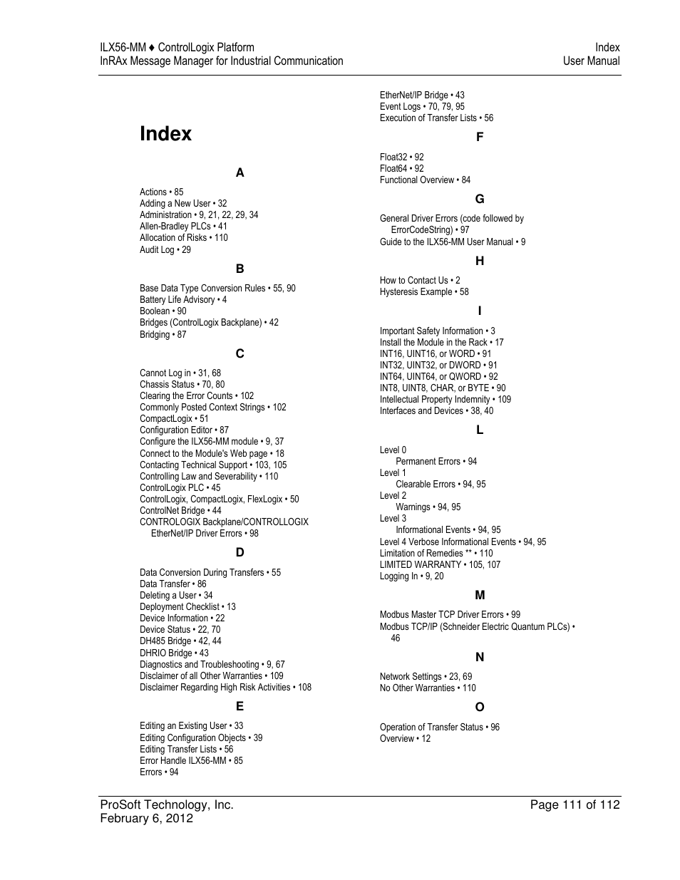 Index | ProSoft Technology ILX56-MM User Manual | Page 111 / 112