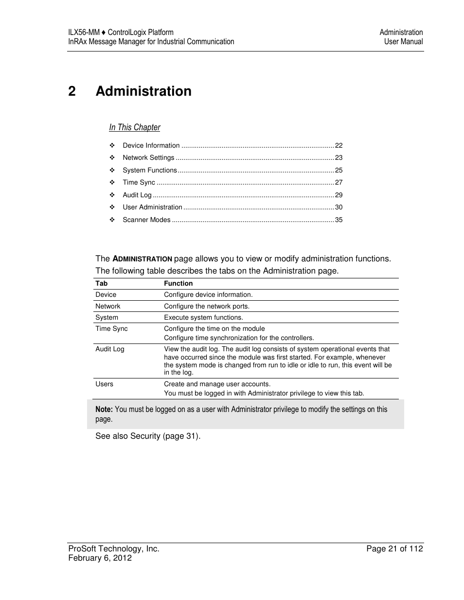 2administration | ProSoft Technology ILX56-MM User Manual | Page 21 / 112
