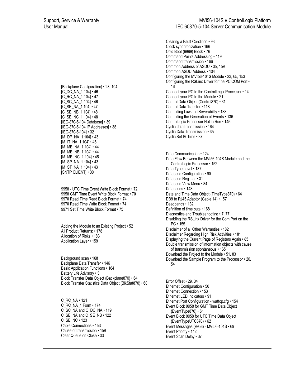 Index | ProSoft Technology MVI56-104S User Manual | Page 185 / 188