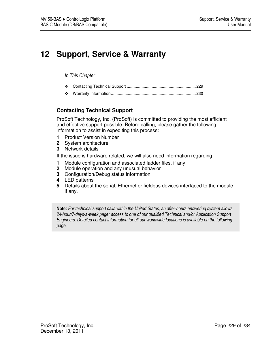 12 support, service & warranty | ProSoft Technology MVI56-BAS User Manual | Page 229 / 234