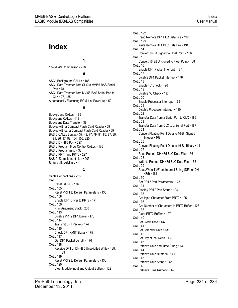 Index | ProSoft Technology MVI56-BAS User Manual | Page 231 / 234