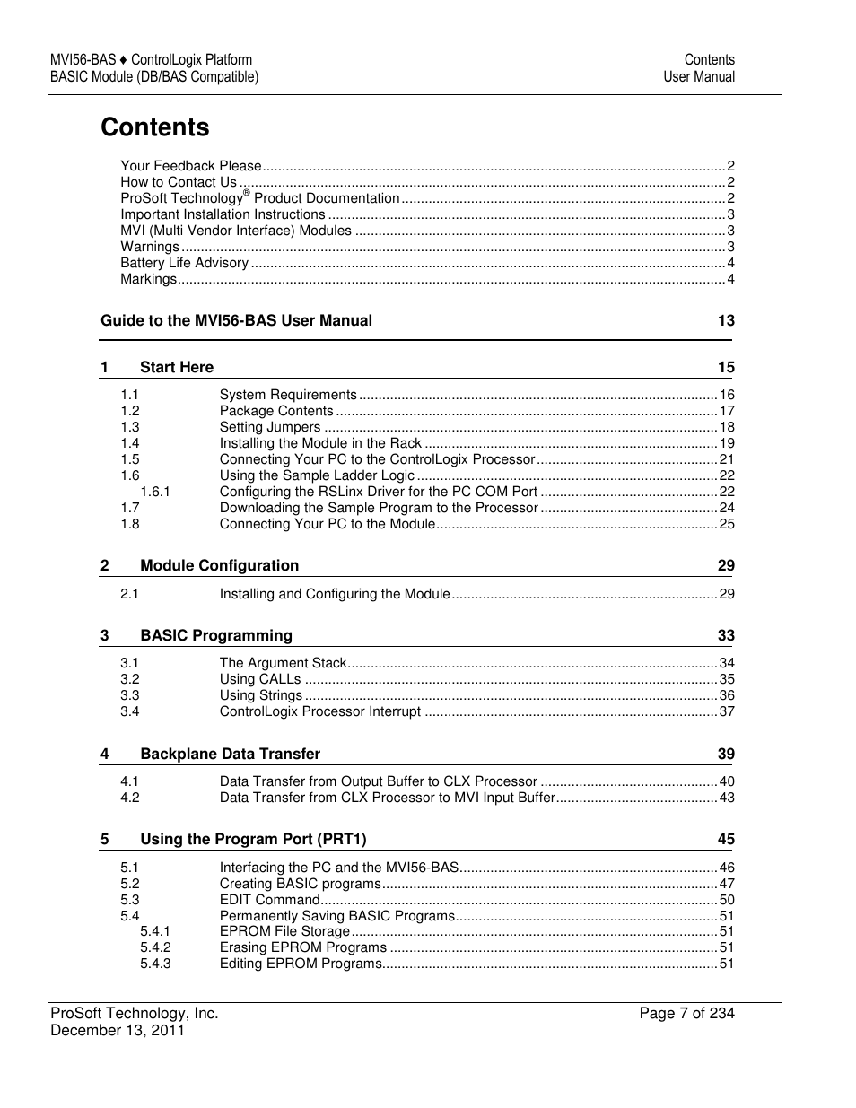 ProSoft Technology MVI56-BAS User Manual | Page 7 / 234