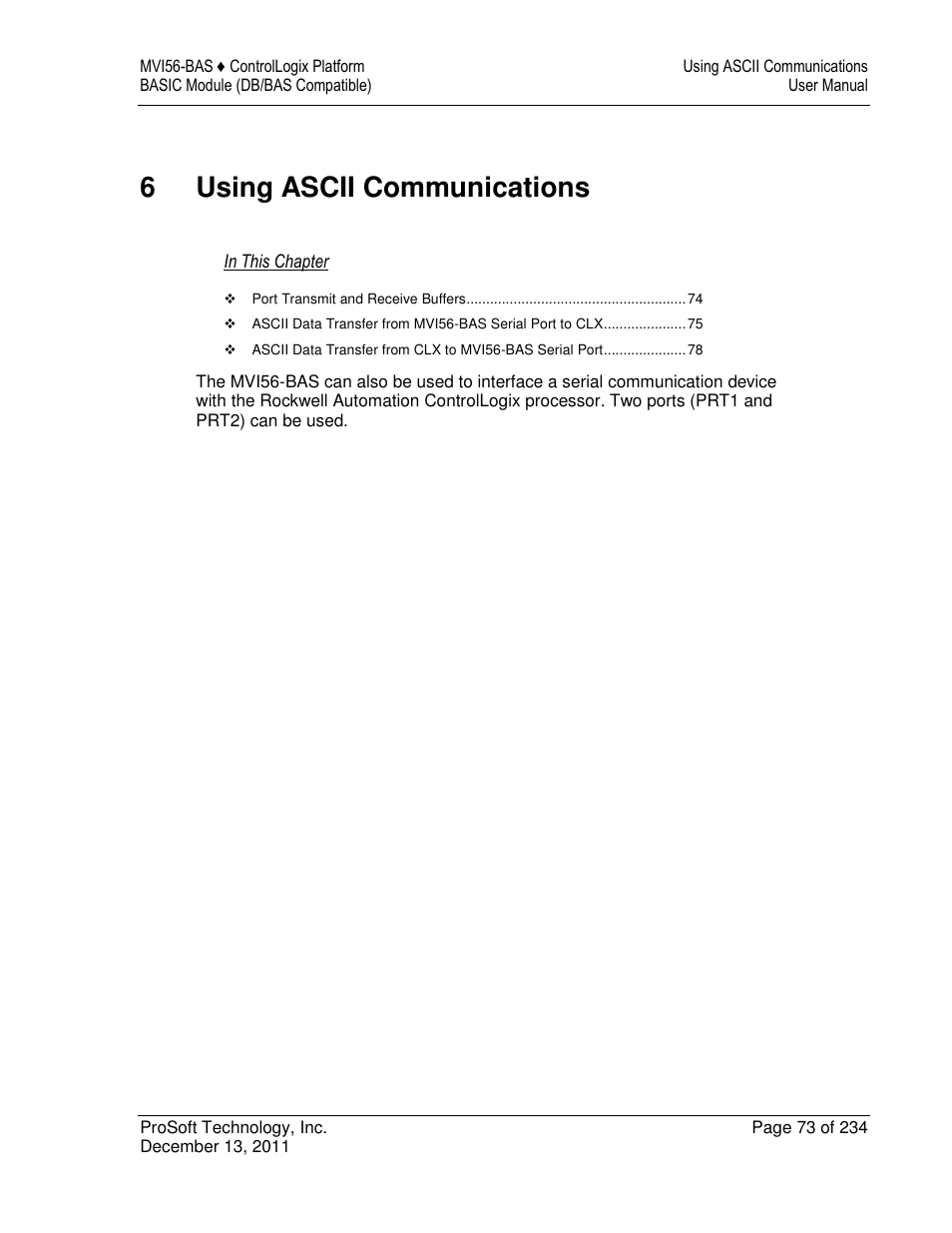 6using ascii communications | ProSoft Technology MVI56-BAS User Manual | Page 73 / 234