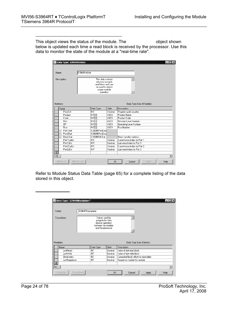 Status object (s3964rinstat data structure), Backplane object | ProSoft Technology MVI56-S3964R User Manual | Page 24 / 78