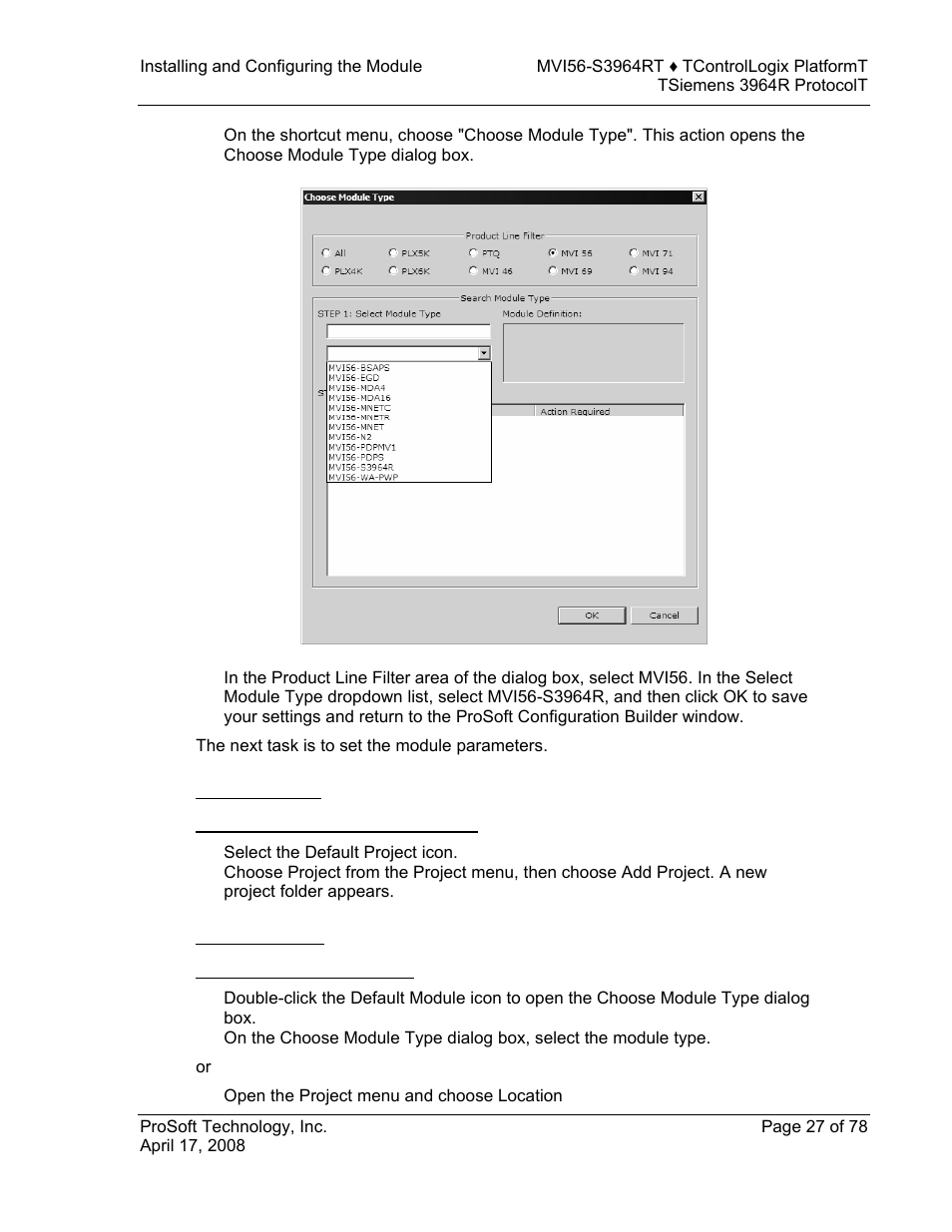 Adding a project, To add a project to an existing project file, Adding a module | To add a module to your project | ProSoft Technology MVI56-S3964R User Manual | Page 27 / 78
