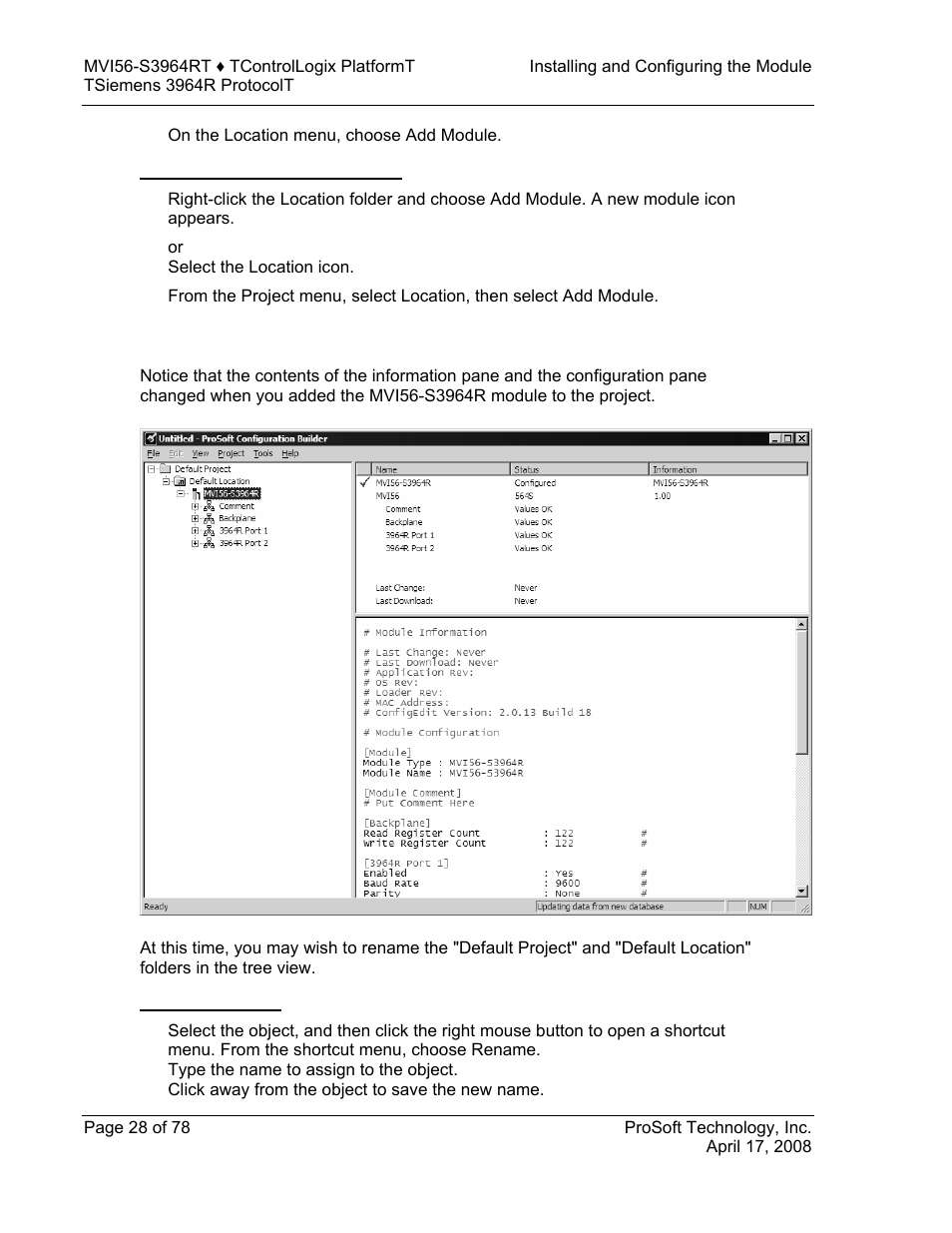 To add a module to a different location, Set module parameters, To rename an object | ProSoft Technology MVI56-S3964R User Manual | Page 28 / 78