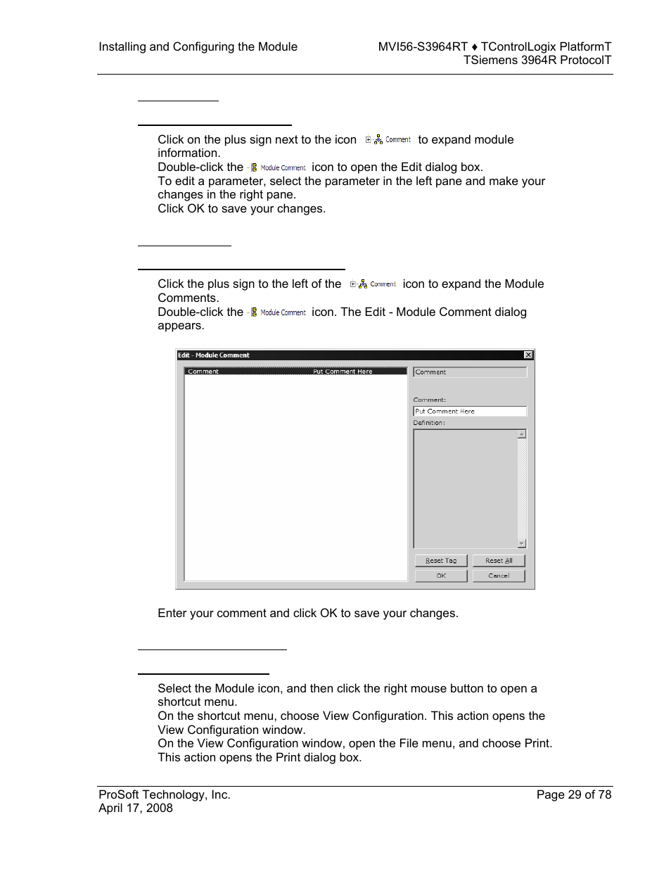 Module entries, To configure module parameters, Comment entries | To add comments to your configuration file, Printing a configuration file, To print a configuration file | ProSoft Technology MVI56-S3964R User Manual | Page 29 / 78